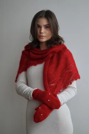 В’язана хустина із вовни мериноса із візерунком серце (червоний)